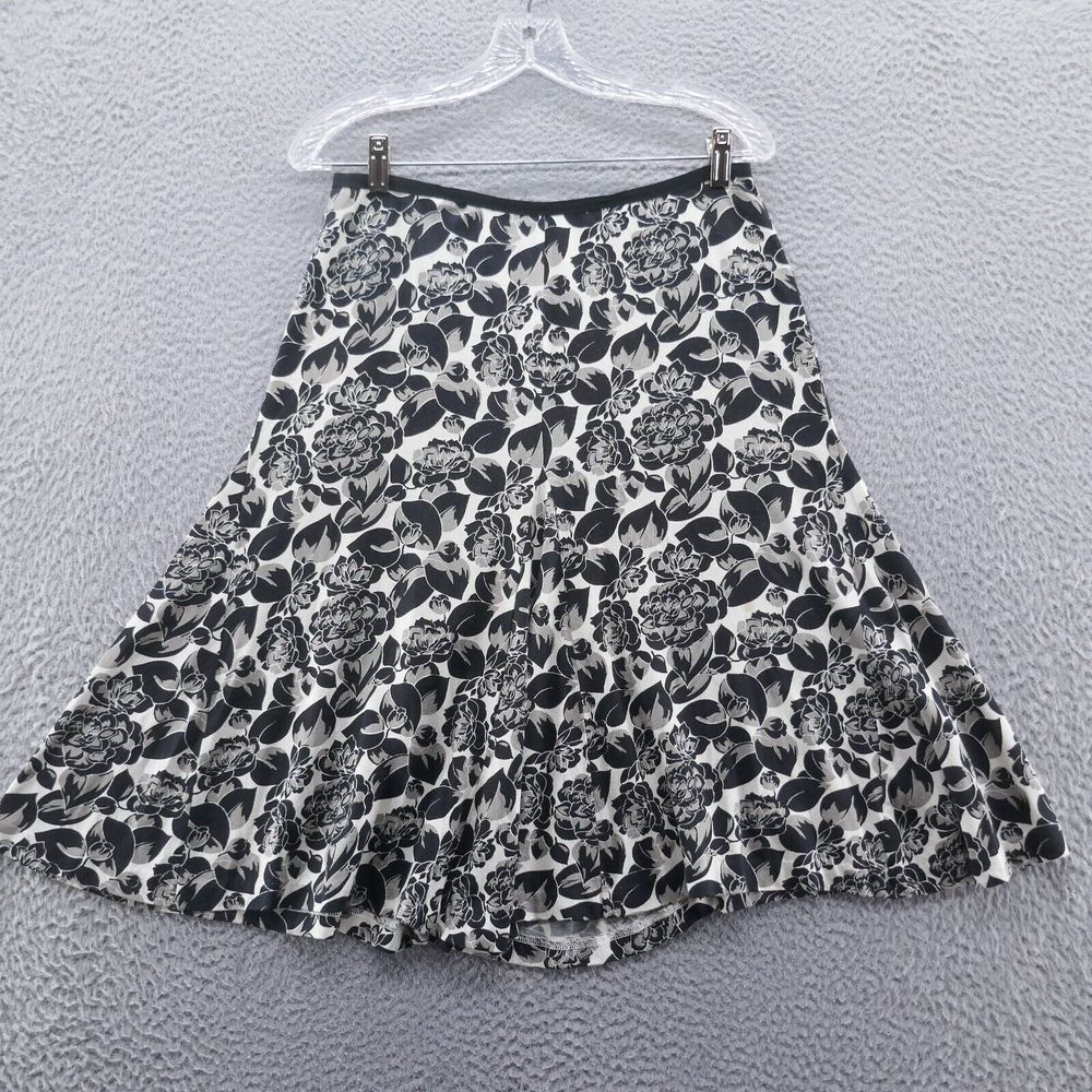 Banana Republic Womens Midi Silk Skirt 2 Black Ivory Floral Knit A-Line Elegant